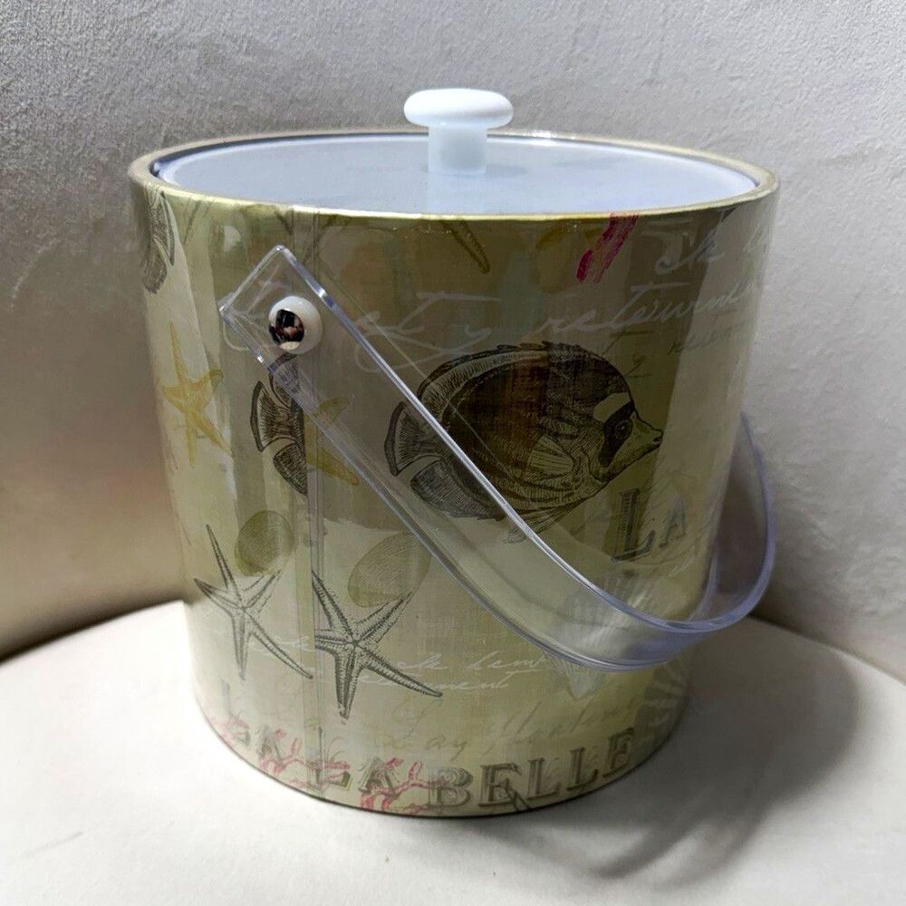 Nautical Sea Life Plastic Ice Bucket w/ Lid Cover & Handle, Round, USA
